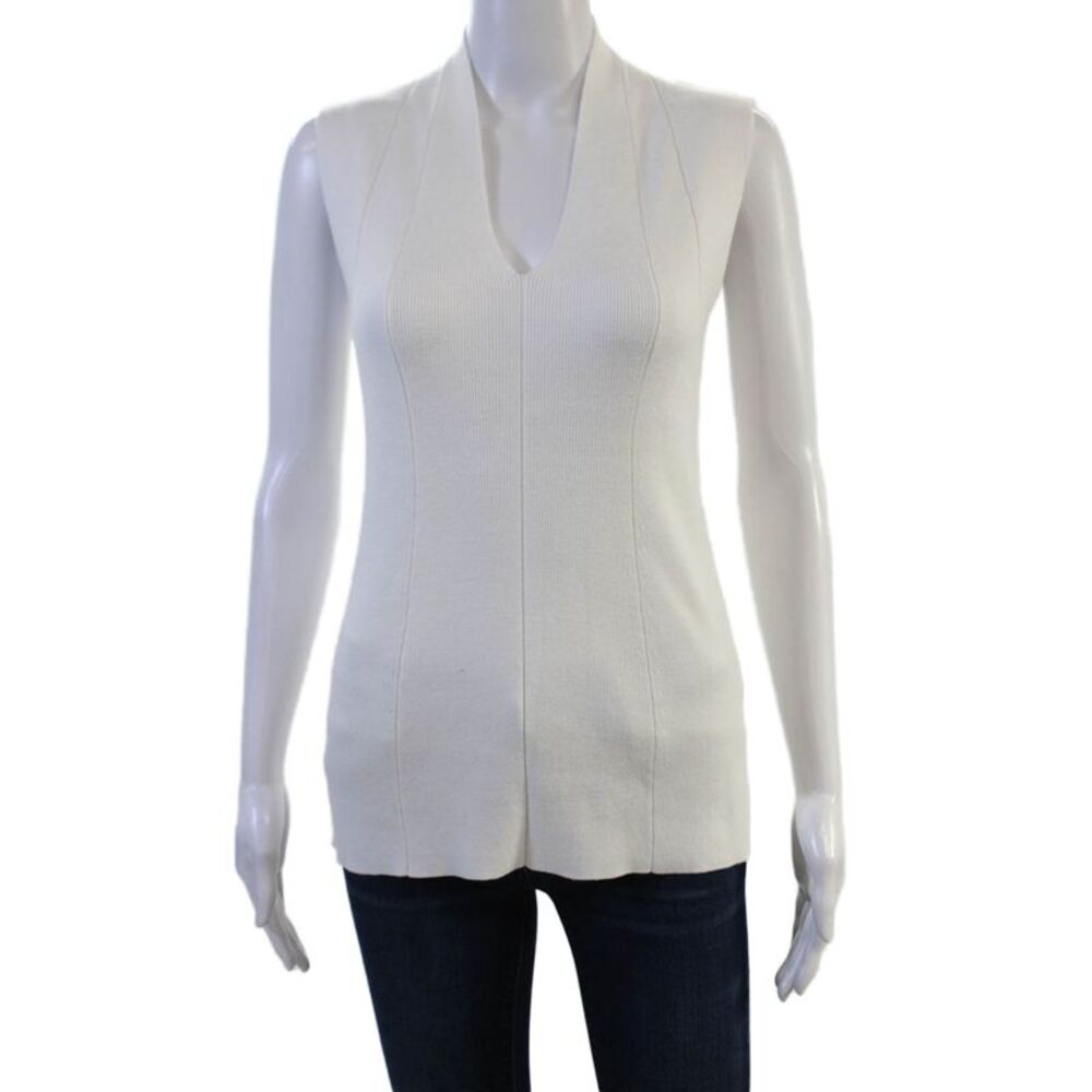 Metric Knits Womens Basic White V Neck Sleeveless Tank Size L